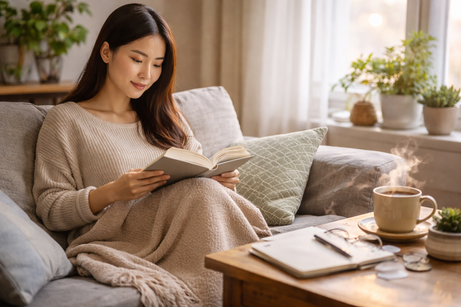自宅で一人読書と休憩