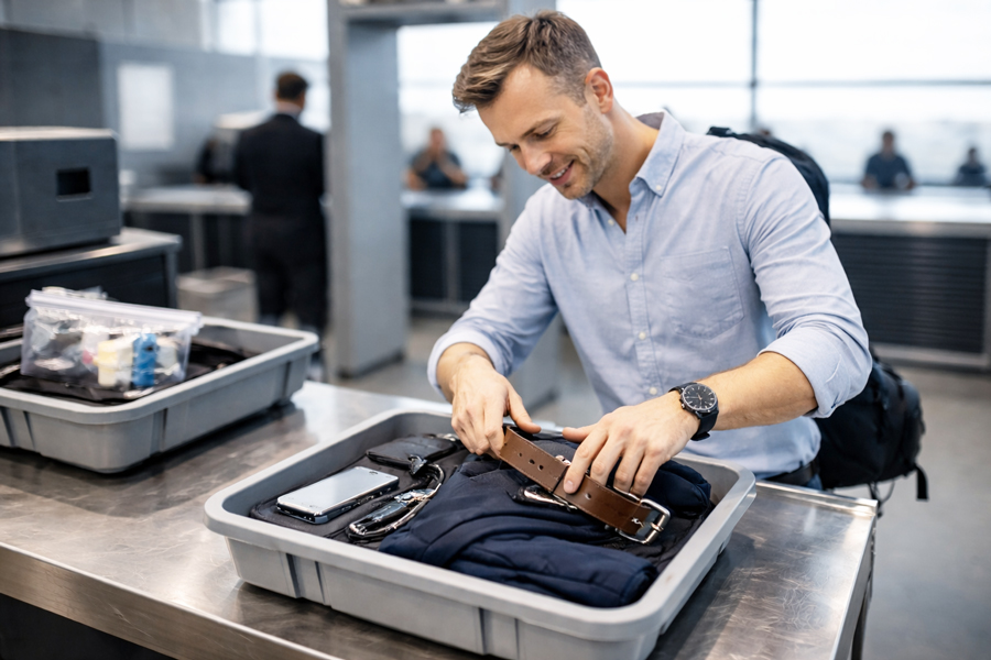 服装は上着ベルトなどの金属外し